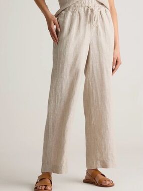 Linen Drawstring Wide-Leg Pants - tan